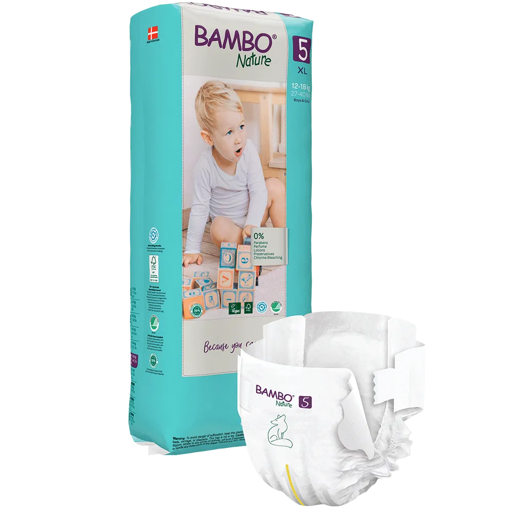 Bambo Nature – Couche bébé Taille 5 Junior paquet haut (12-18kg) – Sachet de 44 pièces