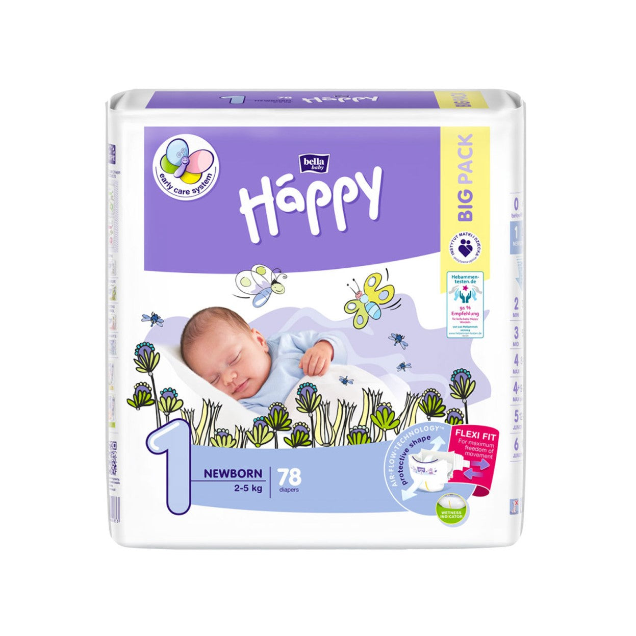 Bella – BABY HAPPY Couches bébé NEWBORN – Taille 1 – 2-5 kg –  Sachet de 78 pièces