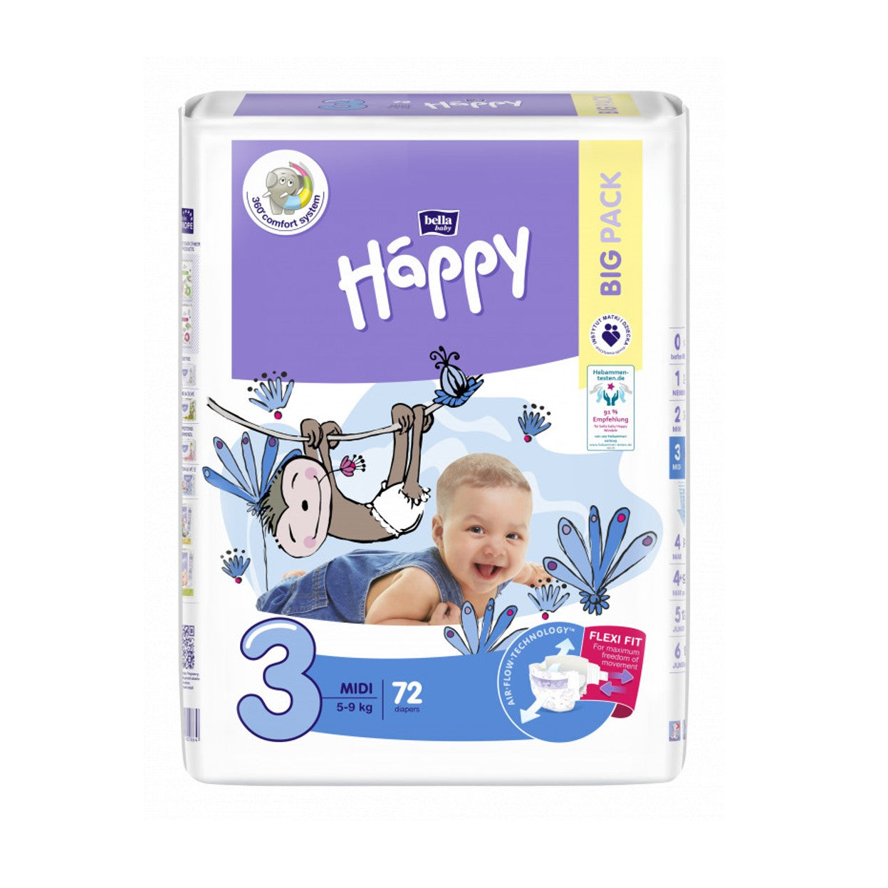 Bella – BABY HAPPY Couches bébé MIDI – Taille 3 – 5-9 kg –  Sachet de 72 pièces