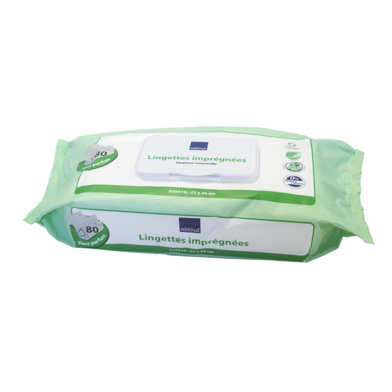 Abena – Lingette imprégnée non parfumée 20 x 27 cm – Sachet de 80 unités