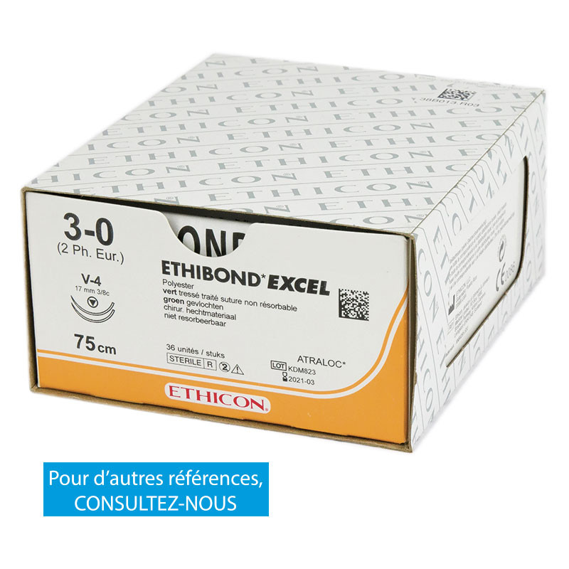 Suture ETHIBOND EXCEL polythéréphtalate d’éthylène tressé traité vert (2 modèles) – Boîte de 36 unités